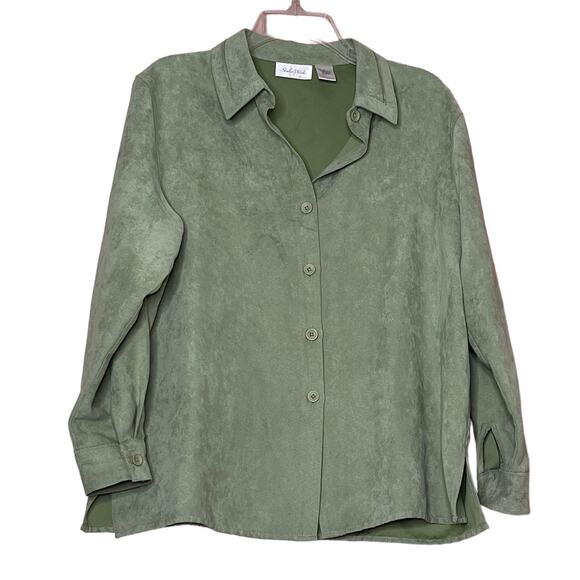 studio works petite textured apple green button front shirt Cuff sleeve sz pl - Picture 5 of 11